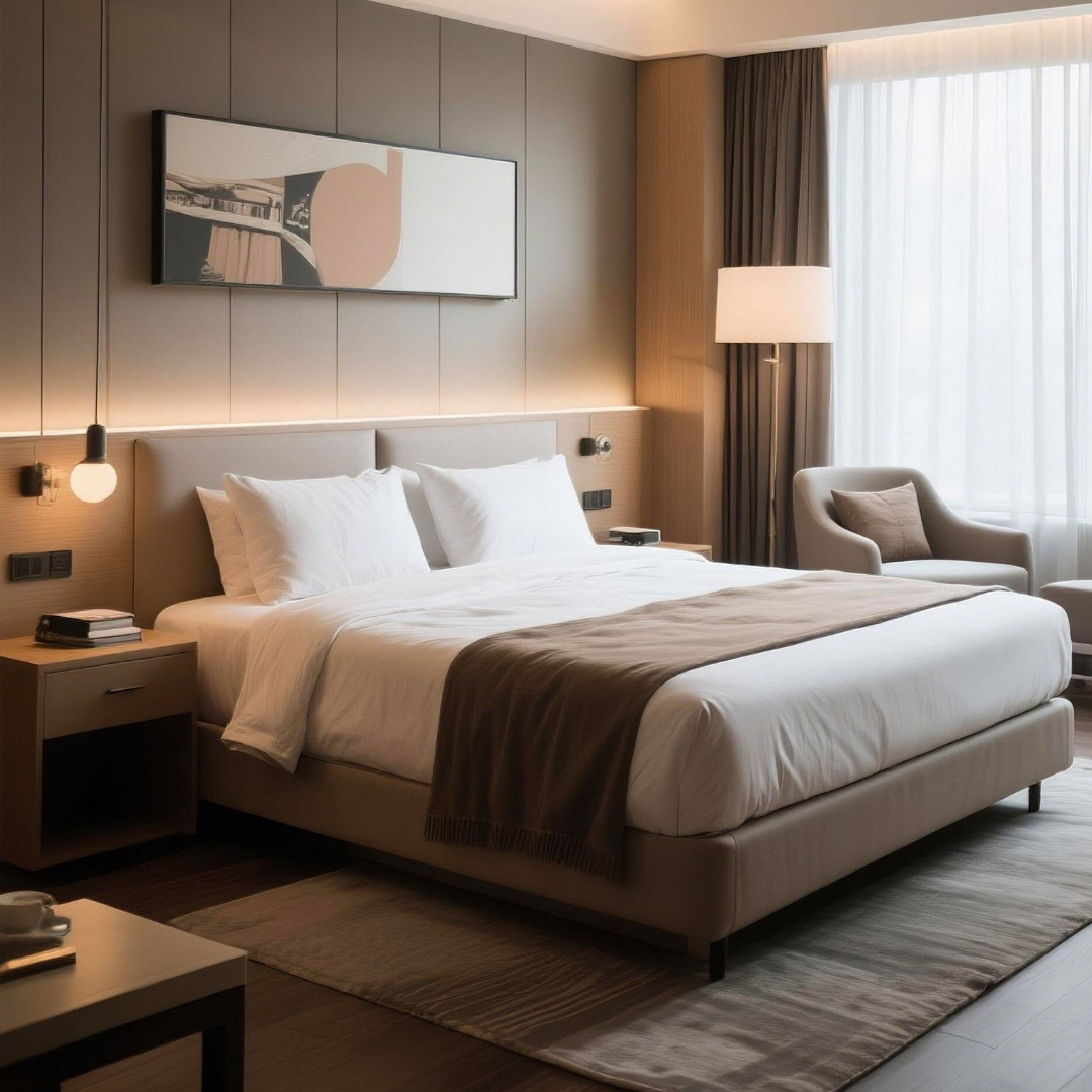 Nova – Moderne dobbeltseng med geometrisk hodegavl i tekstil