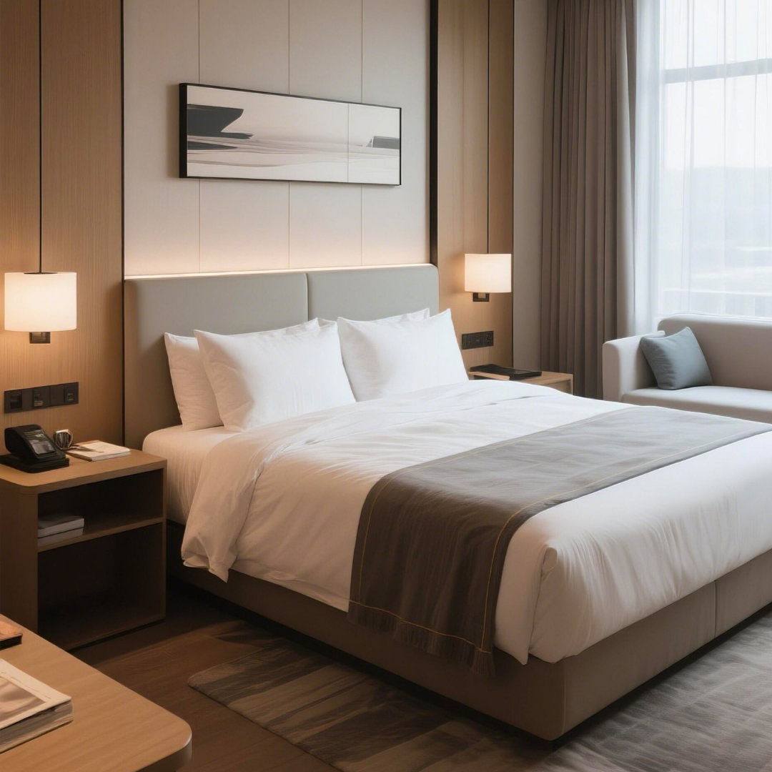 Nova – Moderne dobbeltseng med geometrisk hodegavl i tekstil