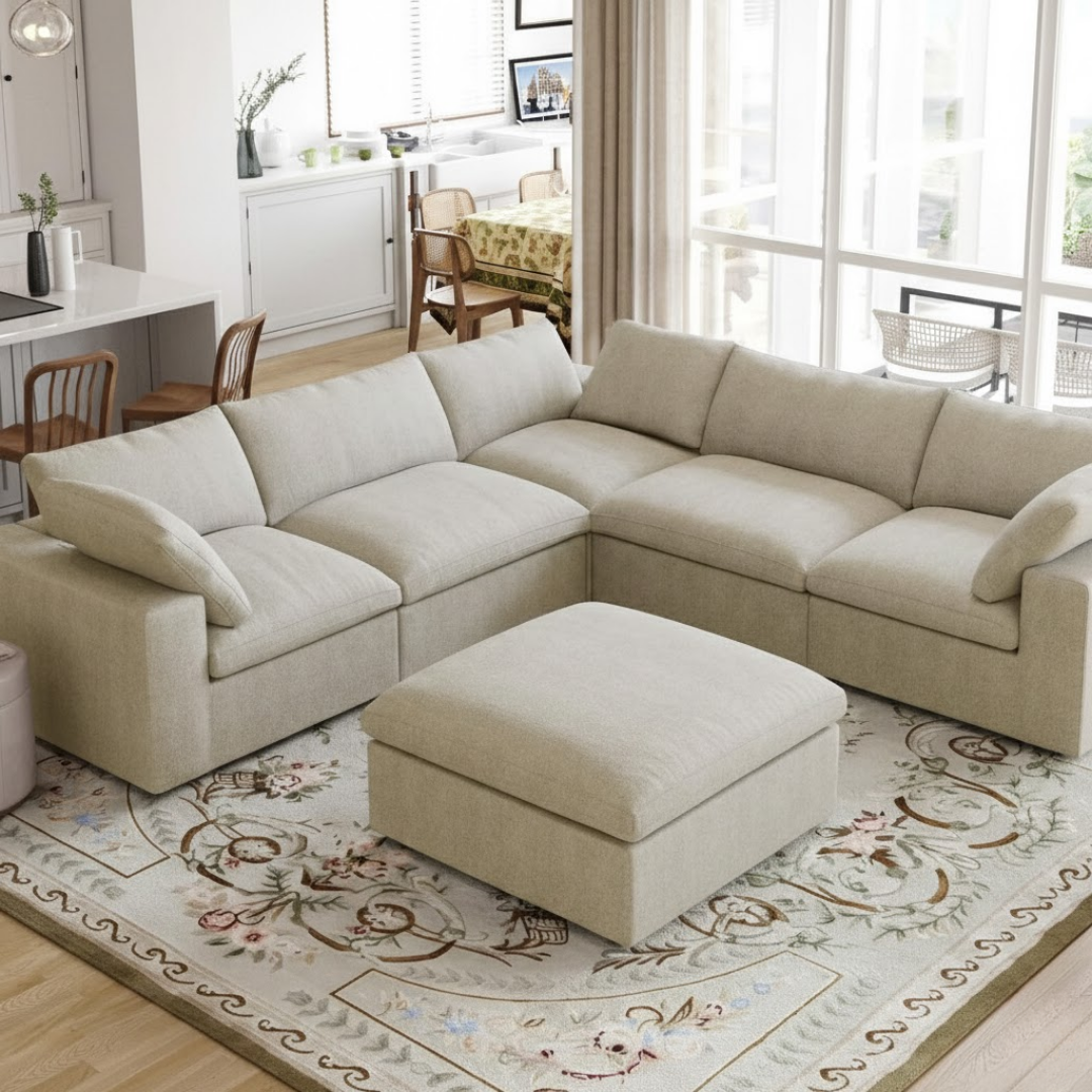 Stellar – Modulær hjørnesofa med matchende puff i beige tekstil