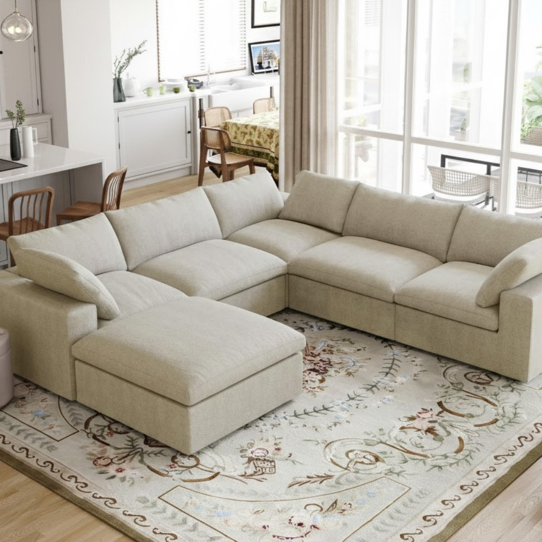 Stellar – Modulær hjørnesofa med matchende puff i beige tekstil