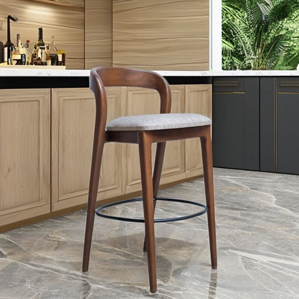 Walnut – Barstol i Mørkt Tre og Moderne Tekstil